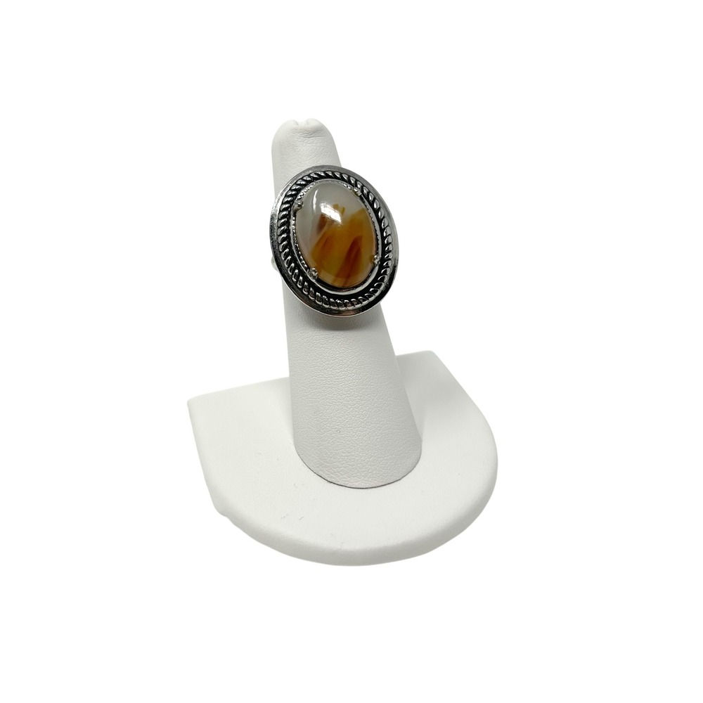 Oval Cabochon Montana Agate Ring Sterling Silver Twisted Rope Bezel‎ Size 7